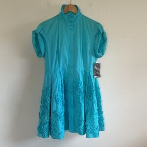 Samuel Dong Turquoise Blue 3D Floral Pleated Full Zip A-Line Dress Sz S Romantic